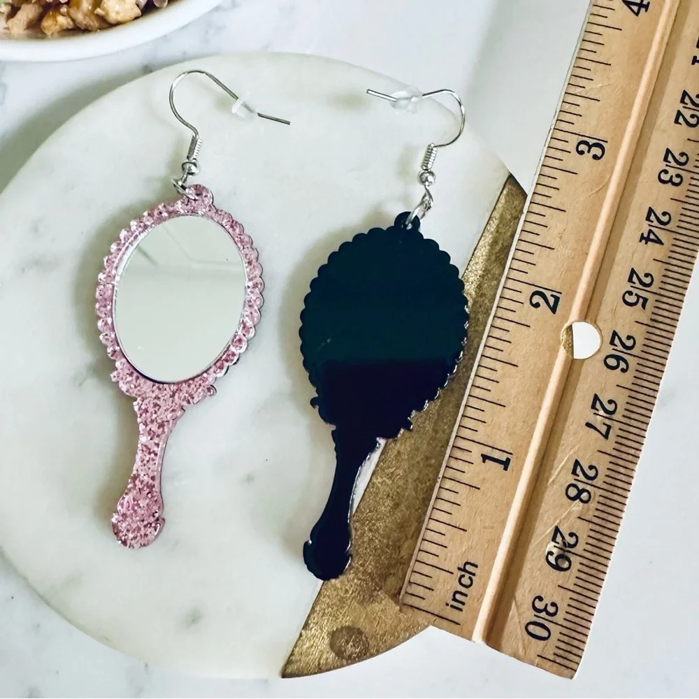 2/$30🌵 Vintage Style Pink Glitter Ornate Handheld Mirror Earrings Acrylic NEW